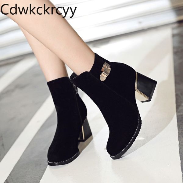 

winter the new fashion round head thick heel boots black plus cashmere keep warm high heel women boots size 34-43