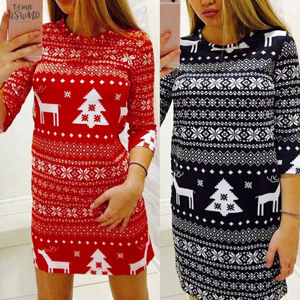 

рождественская мода женщины лось дерево печати o шеи длиной до колен половина рукава bodycon партии праздничные украшения платье падение дос, Black;gray