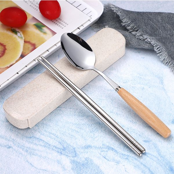

stainless steel cutlery set with wood handle portable flatware chopsticks spoon for student dinnerware set travel tableware set tc190722
