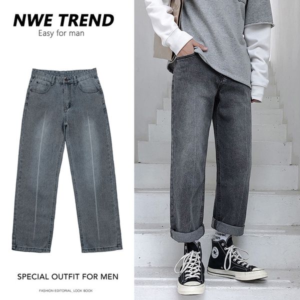 

men's trousers autumn and winter 2019 new slim solid color wide-leg pants straight pants dad loose casual youth men's wear, Black