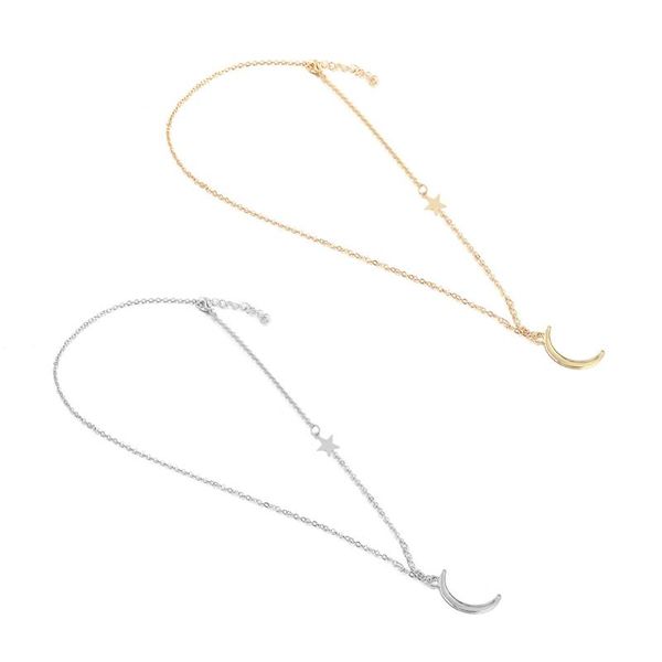 

europe and america fashion simple moon and star pendant necklace women's short moon pendant clavicle xiang shi pin, Silver