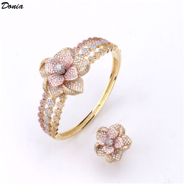 

donia jewelry fashion european and american flower bracelet stereo hollow bracelet ring set zircon tri-color jewelry set, Silver
