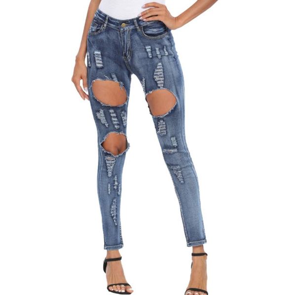 

women's jeans women denim skinny trousers high waist destroyed knee holes pencil pants stretch ripped boyfriend female#0407g30, Blue