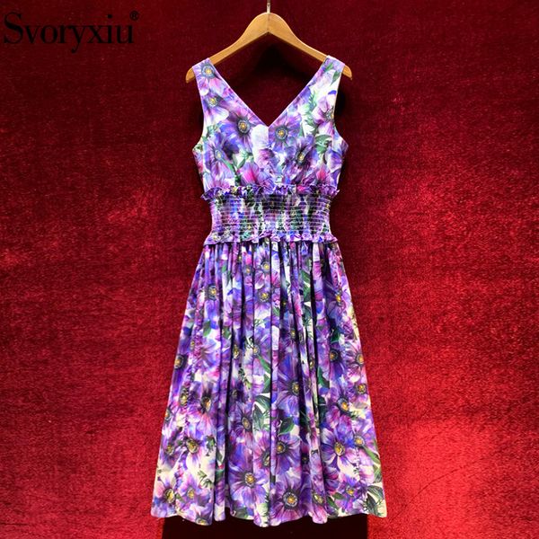 

svoryxiu fashion runway summer v-neck cotton dress women's elastic waist flower print purple sleeveless dress, Black;gray