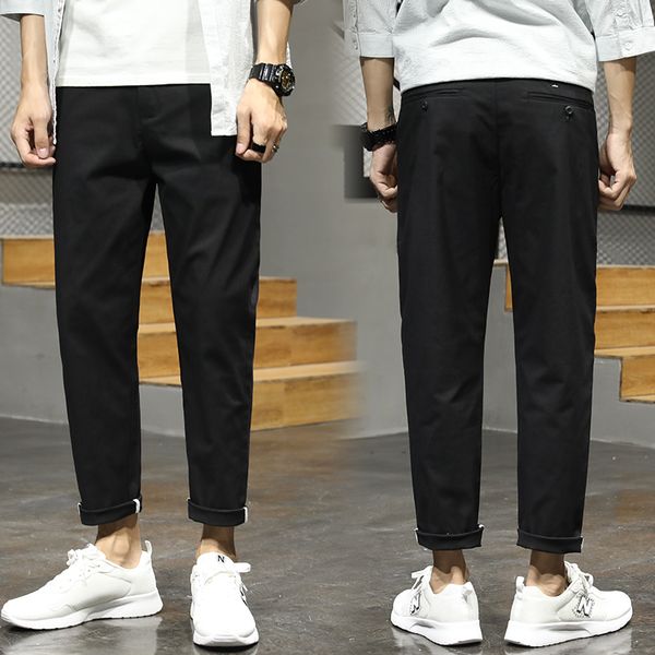 

men's pants brand men casual long trousers cotton solid slim-fit large size business 38, Black