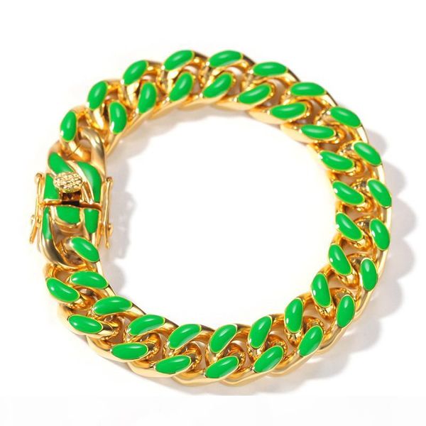 

12mm multi colored blue orange white green rainbow color enamel miami stainless steel cuban link chain for men women bracelet, Black