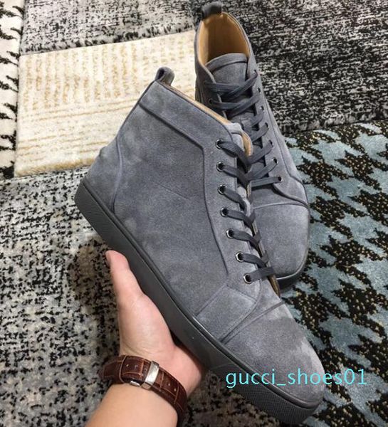 

italy design red bottom veau velours sneaker high lace-up shoes men's sneaker red rubber sole grey suede men flat orlato rantus g01, Black