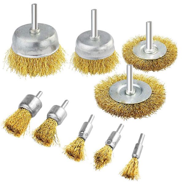 

9 packs wire drill brush sets,9 sizes brass coated wire brush for rust paint corrosion removal polishing