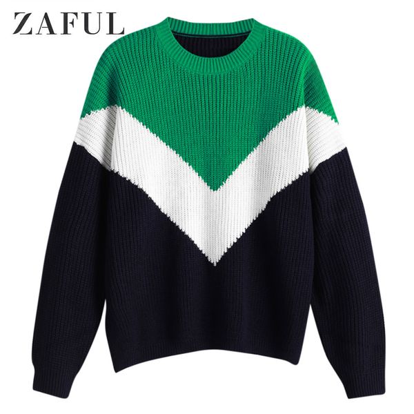 

zaful color block drop shoulder crew neck sweater full sleeves loose patchwork contrast autumn winter women pullovers, White;black