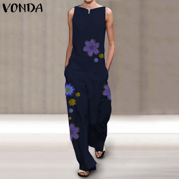 

sleeveless overalls women v neck floral print jumpsuits loose dungarees pants vonda retro harem rompers s-5xl playsuits, Black;white