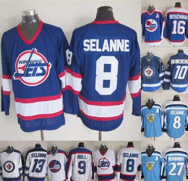 

vintage jerseys 8 selanne 10 dale hawerchuk 9 bobby hull 13 teemu selanne 16 laurie boschman hockey jerseys stitched, Black;red