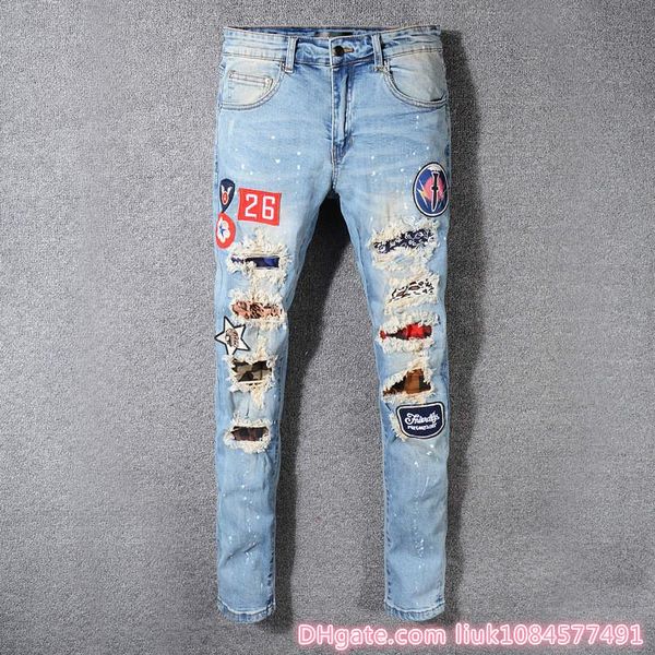 

new 2020 brand jeans mens jeans men denim black jeans for men embroidery pants fashion holes trousers italy size 28-42, Blue