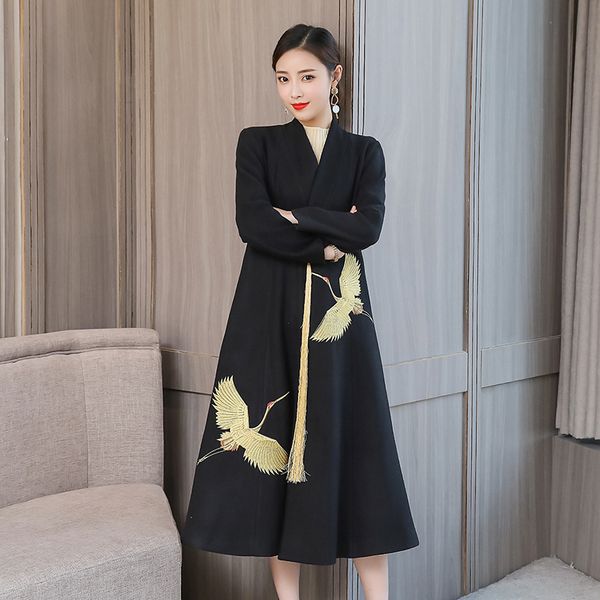 

new winter 2018 chinese cranes embroidered flowers long sleeve overcoat woolen cloth coat trench vestido m -4xl, Black