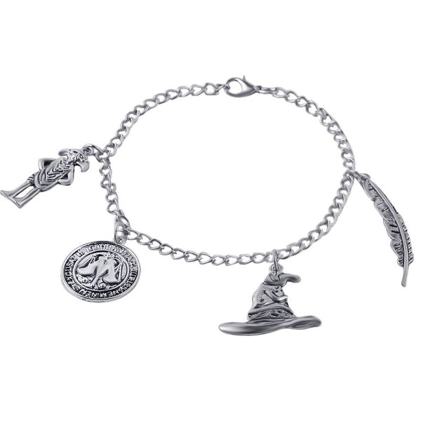 

movie charm bracelet ancient silver pendant bracelet talking hat wingardium leviosa dobby coin charm bangle cuff jewelry christmas dhl free, Golden;silver