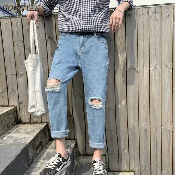 

men's jeans men hole ankle-length leisure loose daily streetwear all-match simple korean style harajuku mens chic trendy, Blue
