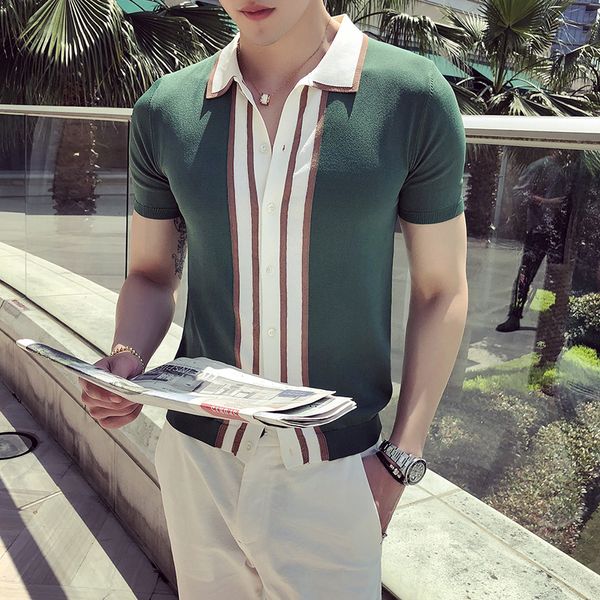 

shirt men summer british style slim fit casual knitted homme short sleeve turn down collar business polos, White;black