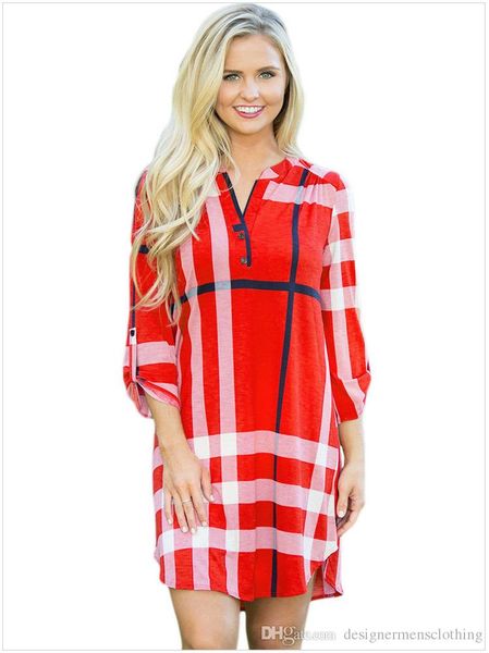 

women plaid shirt dresses summer spring casual v-neck fashion dress clothing, Black;gray