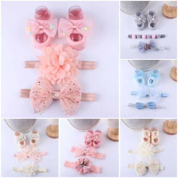 

hair accessories kids born baby socks anti-slip sock shoes boots floor slipper boat lace headband set, Slivery;white