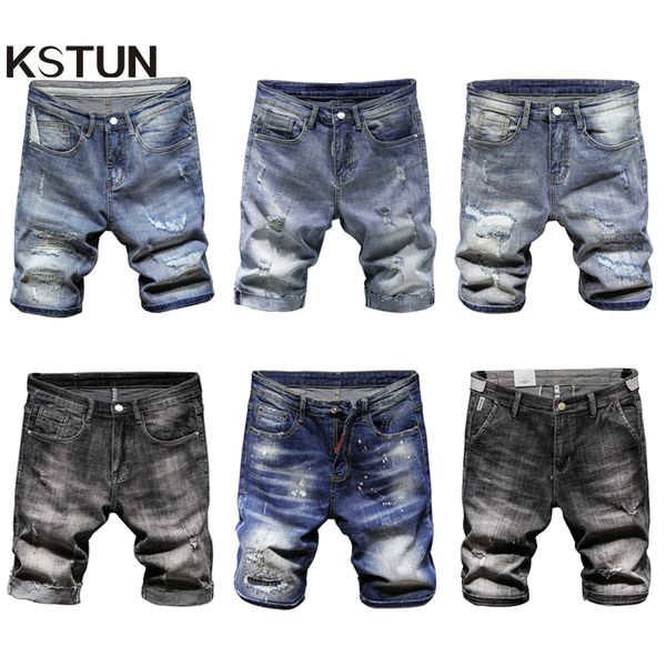 

kstun 2019 summer mens shorts jeans ripped blue gray fashion casual slim retro elastic shorts male brand clothes 38