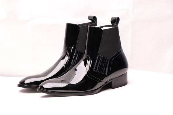 

autumn winter chelse boots for men patent leather fashion t show mens western wedding booties shoes, Black