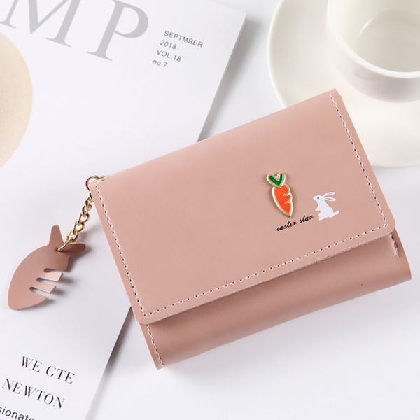 

women wallets small leather purse cartoon card bag for women coin purse fish bone pendant soft face 3 fold card package carteira, Red;black