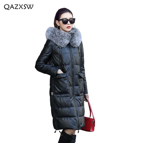 

qazxsw 2018 new genuine leather down jacket coat women clothes long sheep leather jacket hooded full fur collar coats ld083, Black