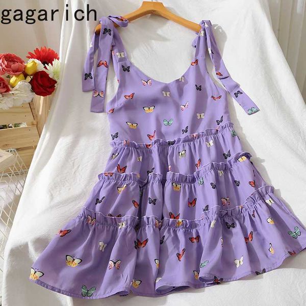 

gagarich a-line spaghetti strap tie summer chiffon bandage mini dress ruffles vestido butterfly casual plaid purple elegant, Black;gray