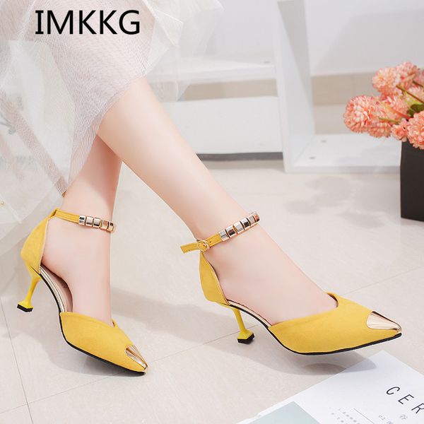 

dress shoes imkkg 2021 high heels women bright metal pointed toe ladies sandals fashion suede wedding office women's s264, Black