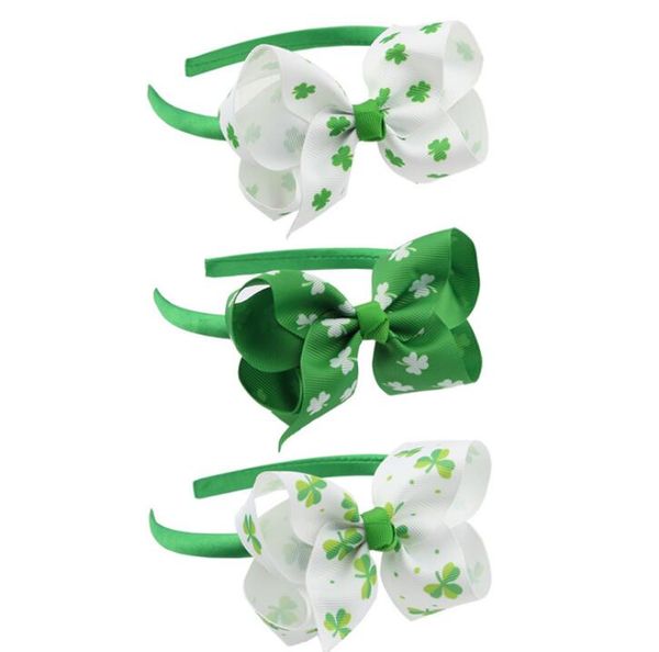 

clover printed hair bow hair hoop for girls grosgrain ribbon handmade green white st.patrick's day hair accessories, Slivery;white