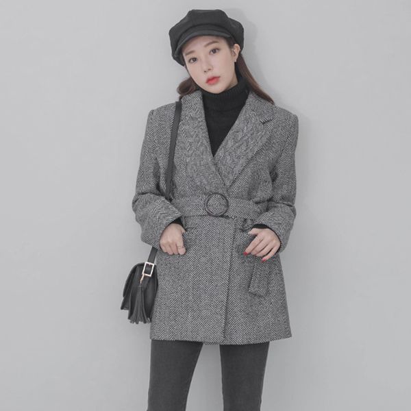 

2018 new women's blazer retro herringbone wool woolen coat slim wool coat women, Black