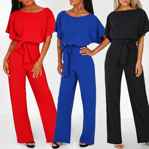 

2019 summer elegant solid color jumpsuit women casual short sleeve playsuit clubwear straight leg jumpsuit with belt shein #c, Black;white