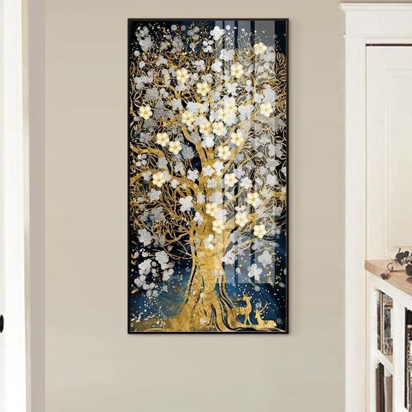 

abstract golden tree flowres canvas painting flowing big paint deer painting for living room nordic wall art decor tableaux 3-99