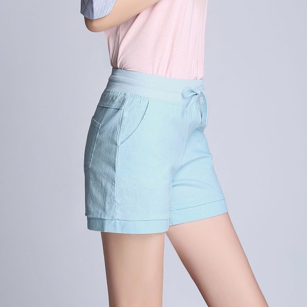 

plus size pockets candy color sashes women shorts high waist solid elastic cottons linen lady 2019 summer casual female buttom, White;black