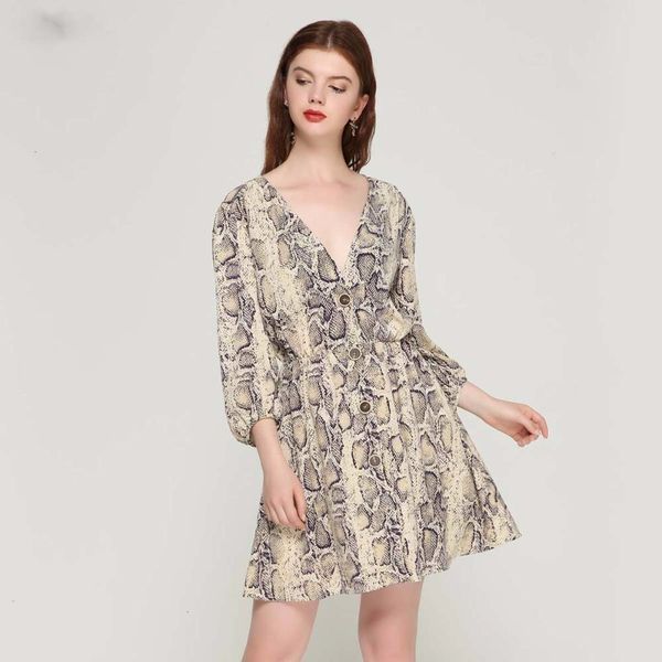 

womens designer dress woman clothing women v neck snake dress elastic waist sleeve pleated buttons casual vestidos qa423 designer clothes, Black;gray