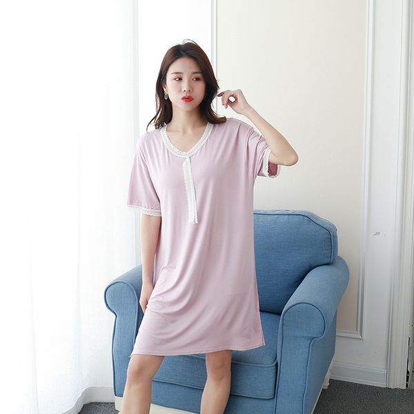 

solid women lingerie night dress lace modal sleep shirt short sleeve home wear gown elegant ladies sleepwear nightgown, Black;red