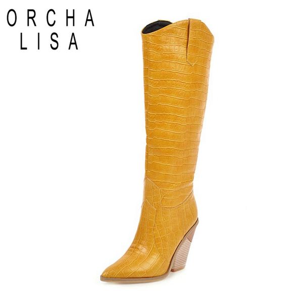 

orcha lisa black yellow white knee high boots western cowboy boots for women long winter women shoes pointed toe booties