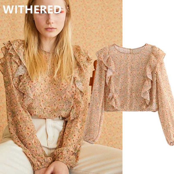 

withered ins blogger vintage floral chiffon short blouse women blusas mujer de moda 2020 ruffles shirt womens and blouse, White