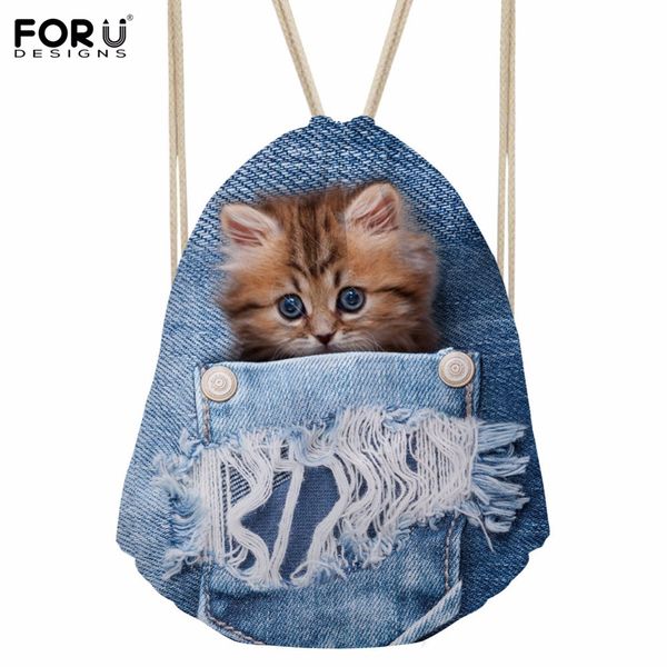 

forudesigns denim pocket cat cute women travel backpack small sport beach drawstring bag beach storage bags kids bookbag for men