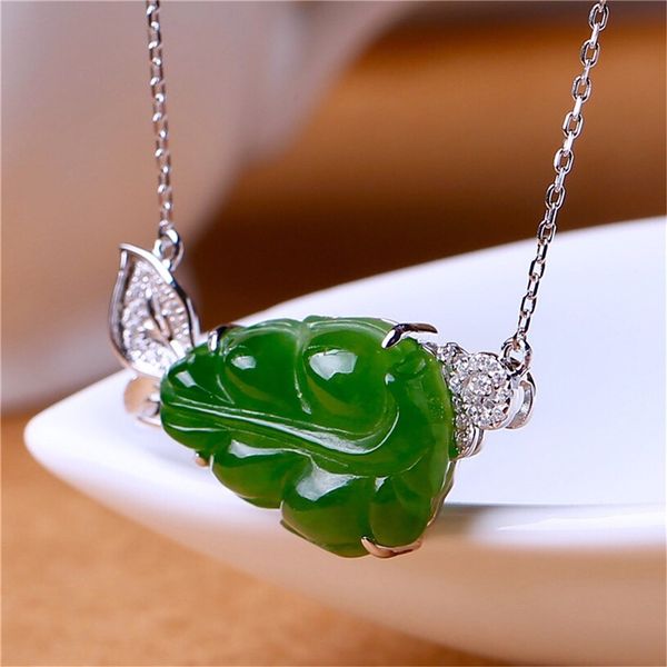 

new s925 silver inlay chinese green jade leaf shape pendant clavicle chain