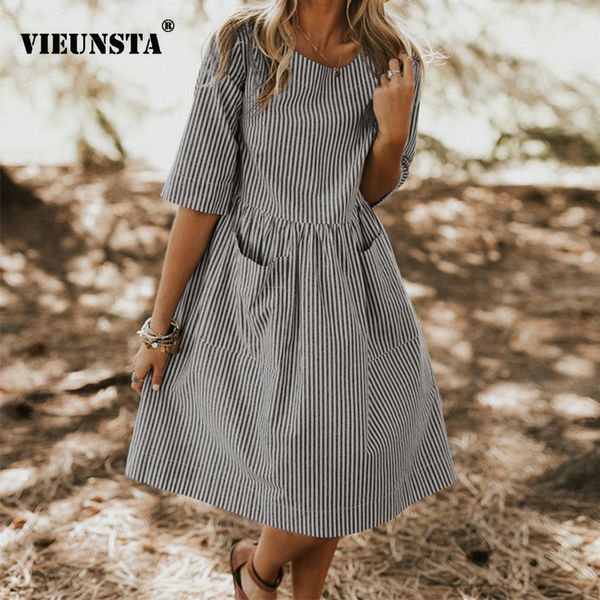 

vieunsta 2019 women dress elegant o neck half sleeve pocket loose party dress summer work stripe ladies sundress oversized, Black;gray