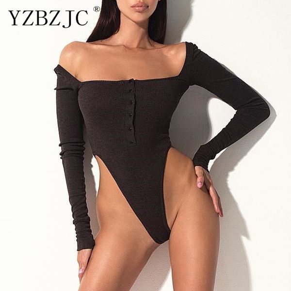 

black off shoulder bodysuit women long sleeve slash buttons bodycon rompers womens jumpsuit solid summer body suit, Black;white
