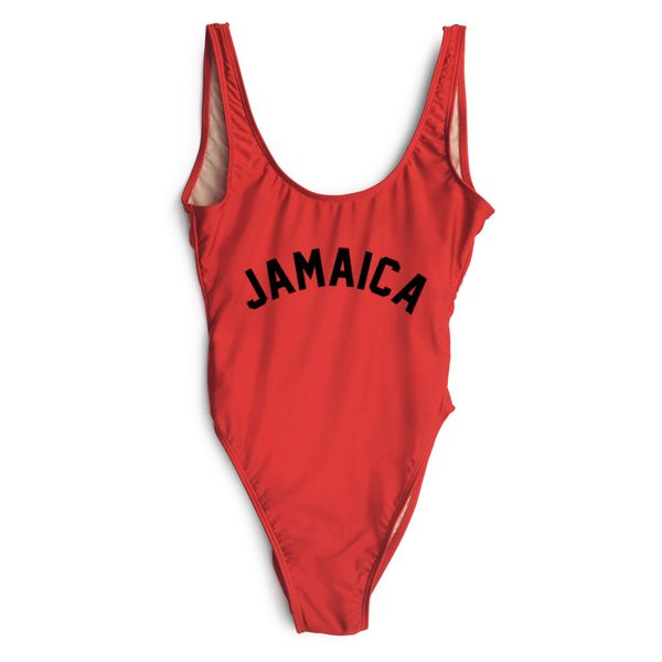 

one piece swimsuit jamaica letter printing women swimwear 2019high cut monokini bathing suit bodysuit beach wear red maio swim, White;black