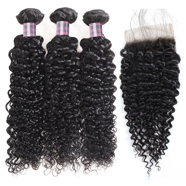 Cabelo peruano Kinky encaracolado onda profunda 3/4 pcs com fecho de renda brasileiro Yaki onda de água reta água indiana cabelo humano pacotes com fechamento