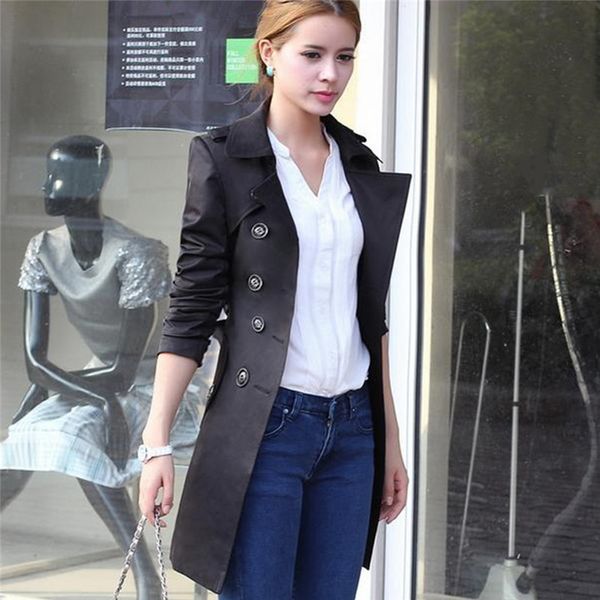 

trench coat for women 2020 streetwear turn-down collar slim fit double breasted autumn ladies long coat plus size 2xl, Tan;black