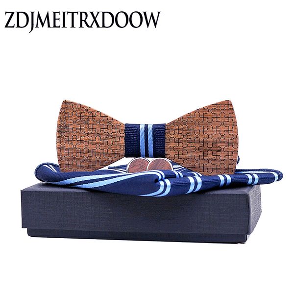 

wood bowtie+handkerchief+cufflinks sets for mens suit wooden bow tie bowknots jigsaw puzzle wedding party christmas tie, Blue;white