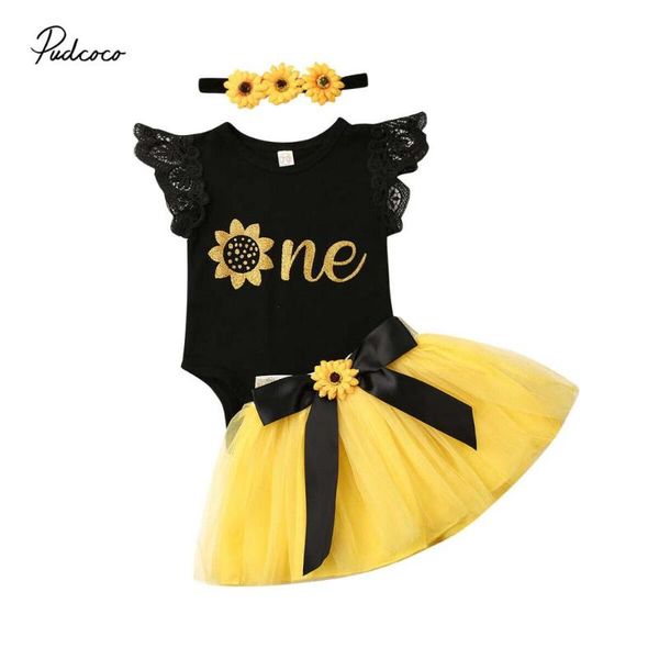 

pudcoco 2019 new fashion 3pcs infant baby girl letter one birthday outfit party sunflower romper bowknot cake smash tutu dress, White
