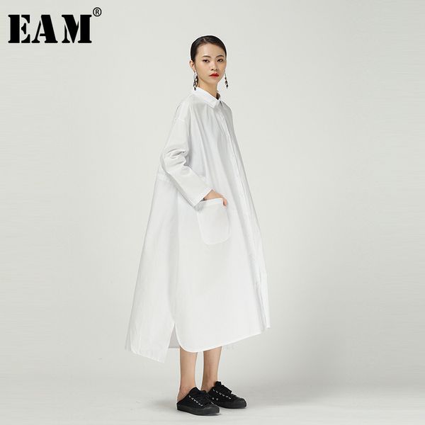 

eam] women back long brief temperament big size shirt dress new lapel long sleeve loose fit fashion spring autumn 2020 1r289, Black;gray