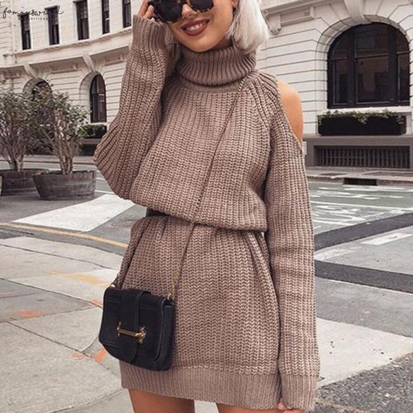 

knitting sweater dress ladies turtleneck off shoulder autumn winter dress women pullover slim warm jumper dresses 2020 d20, Black;gray