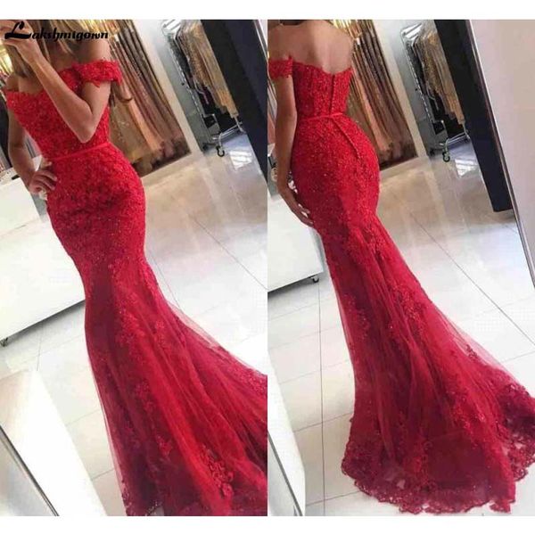 

lakshmigown elegant red mermaid prom evening dresses off the shoulder lace appliques floor length party gown vestido longo, White;black