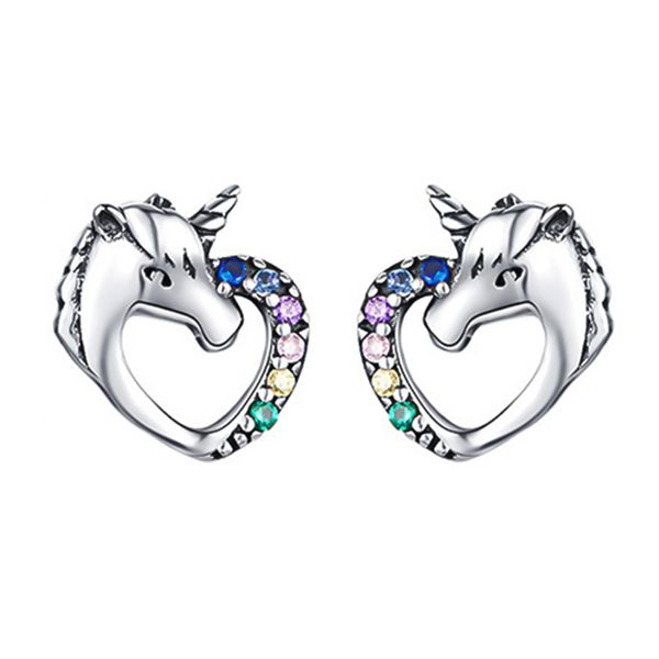

colorful crystal unicorn earrings ladies fashion heart-shaped earrings cute animal earring jewelry, Golden;silver